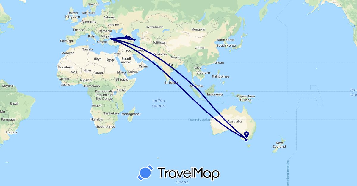 TravelMap itinerary: driving in Armenia, Australia, Azerbaijan, Georgia, Singapore, Turkey (Asia, Oceania)
